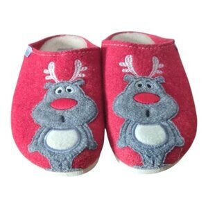 Toffee Wool Felted Slippers Red With Reindeers‎ Size 36